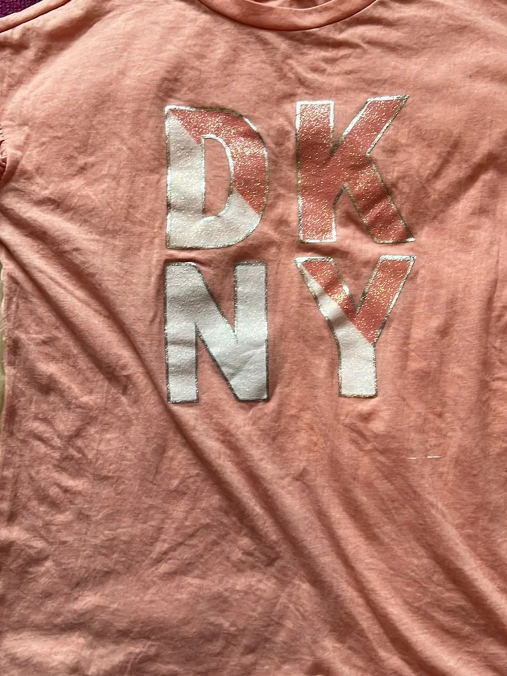 DKNY Pink Peach Glitter Logo Tee with Gray shorts